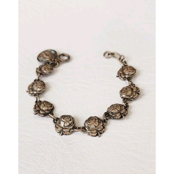 VINTAGE ANTIQUE STERLING SILVER ROSES AND SAINTS CATHOLIC MEDAL BRACELET 6.5" - Picture 1 of 10